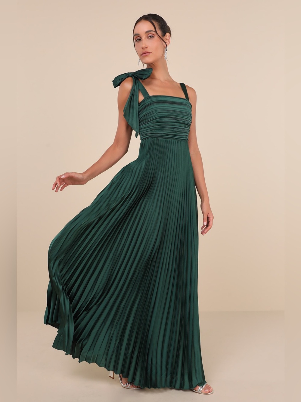 LULUS Pleated Emerald Satin Bow Shoulder Dark Fairycore Wedding Guest Dress 3X